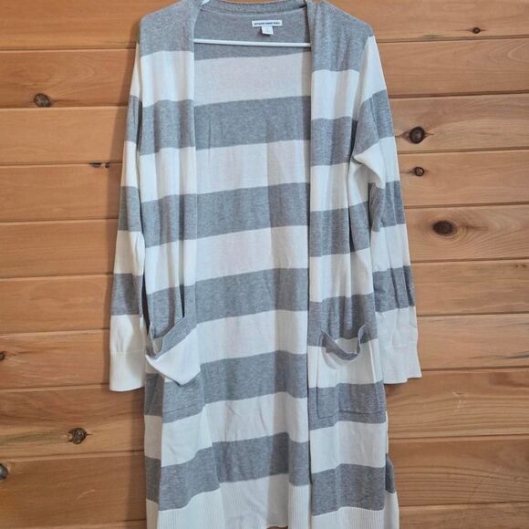 Amazon's Essentials Stripe Pattern Pocket Long Maxi Open Front Cardigan Sweater - Picture 2 of 7
